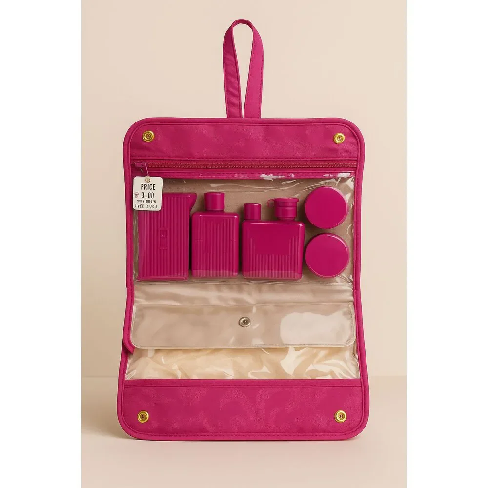 Vintage 60s/70s Satin Travel Toiletry Set NOS Complete Fuchsia Pink Hanging Bag